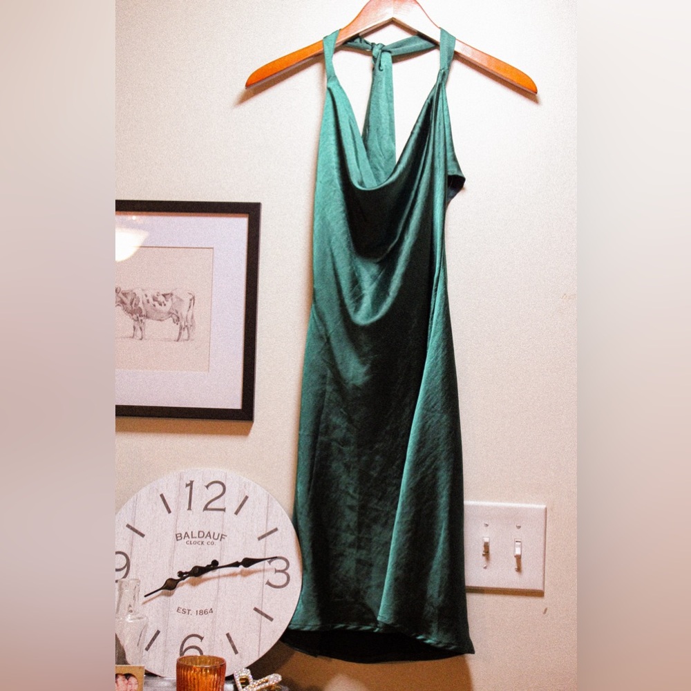green satin halter dress